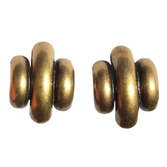 Vintage Brass Clip On Earrings Modernist Style Ribbed Texture Large Statement - Picture 1 of 4